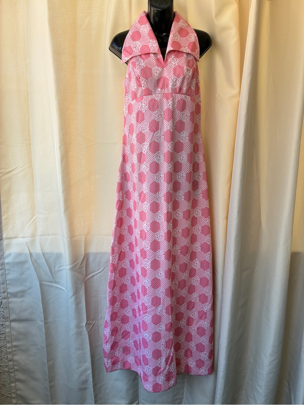 Vintage 70s Pink Psychedelic Patchwork Floral Dotted Gingham Maxi Dress